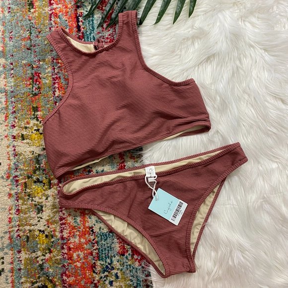 Cupshe Other - NEW Cupshe Pink Ribbed Racerback Lace Up Two Piece Bikini Swimsuit Size Large